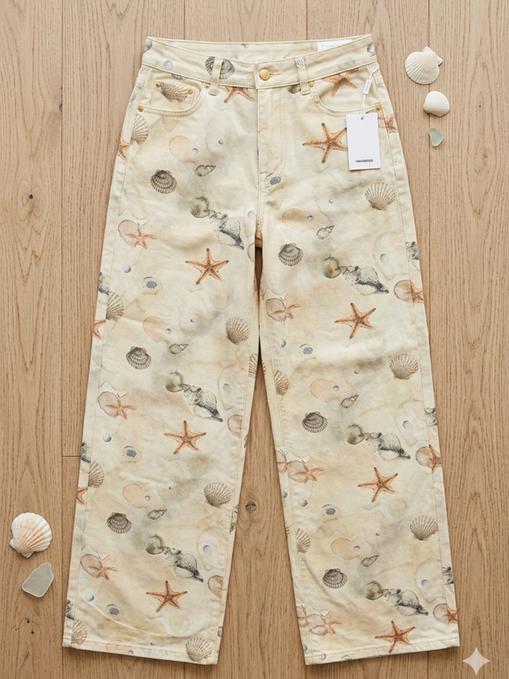 Beige Seashell Print Wide-Leg Women’s Jeans